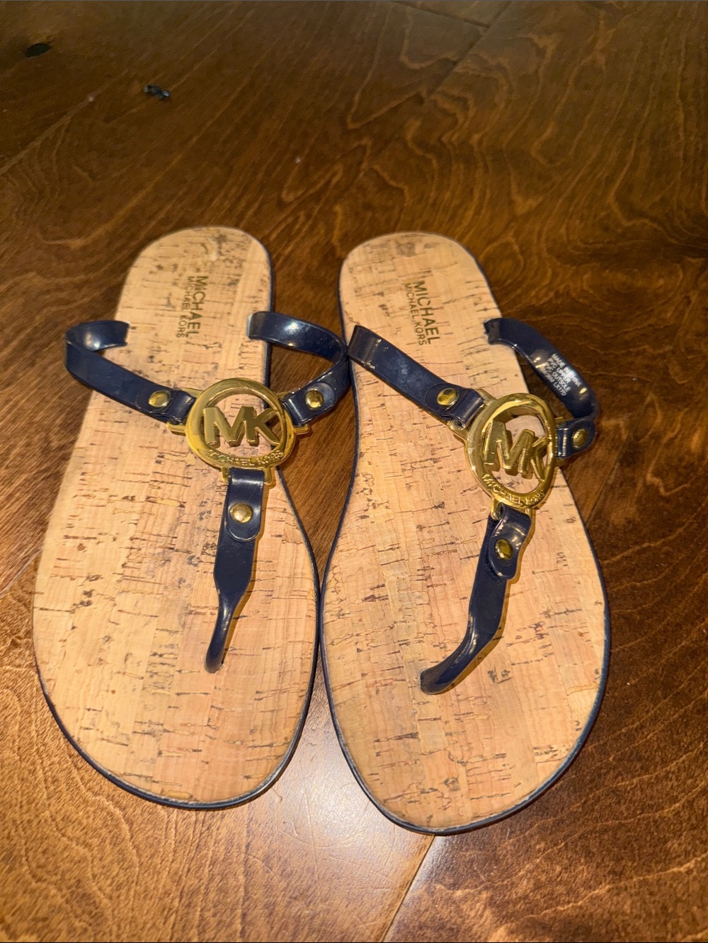 Michael Kors Navy Patent Thong Sandals with Gold MK Medallions